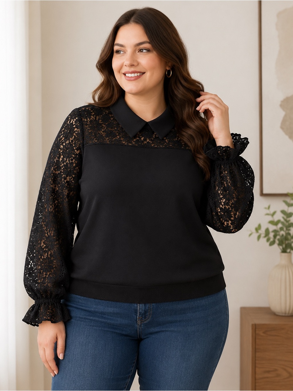 Sz L Adrianna Papell Black Lace Long Sleeve Peter Pan Collar Blouse Top